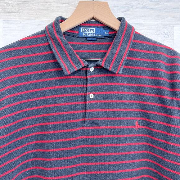 POLO Ralph Lauren Long Sleeve Waffle Knit Polo Shirt Gray Red Stripe Mens XL - Picture 2 of 5